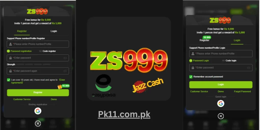 ZS 999 APK interface screenshot showing online earning games in Pakistan